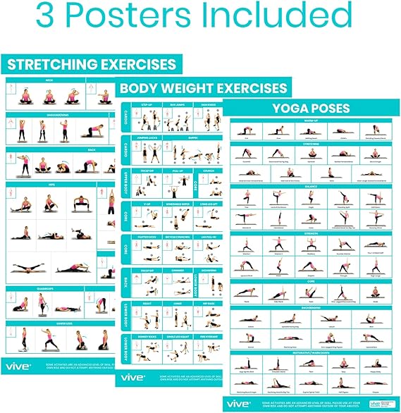 Vive Workout Posters for Home Gym (3 Pack) - Bodyweight, Yoga Poses, Stretching Exercises - Home Equipment Accessories Fitness Guide Chart Motivation Sequence for Women, Men, Kids - Laminated, Colored
