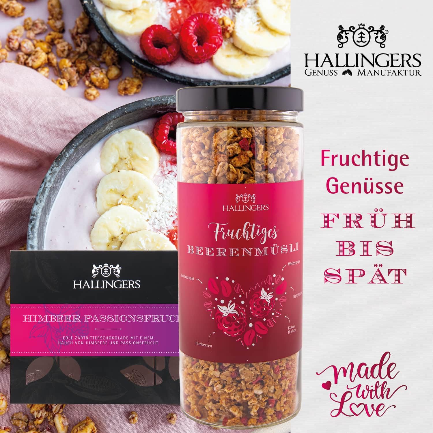 Hallingers Genuss Manufaktur Feinkost Liebes-Geschenk-Set - XXL-Geschenkkorb "Für Dich" große Selektion Müsli, Öl, Kaffee, Duftkerze, Nougat, Schoki, Eistee & mehr, Geschenkidee für Frauen Männer
