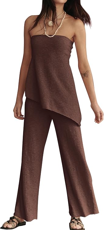 Anoumcy 2 Piece Sets for Women Tube Tops and Pants Lounge Sweater Sets Summer Beach Travel Vacation Outfits