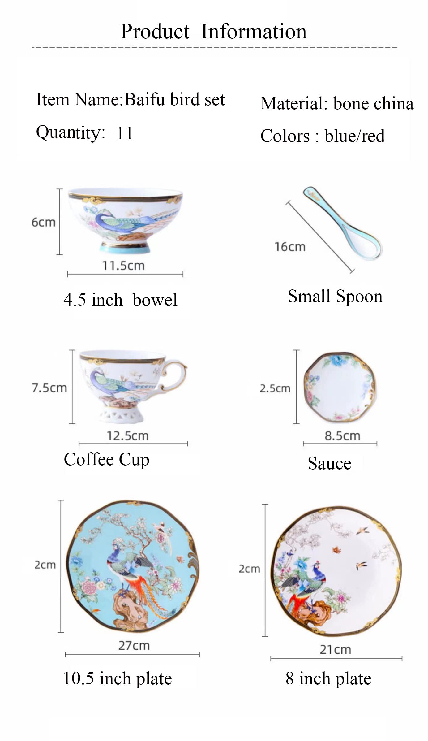 Bone China 11-częściowy delikatny okrągły zestaw naczyń kuchennych, talerze, naczynia, miski, filiżanka do kawy dla 2 osób, niebieski