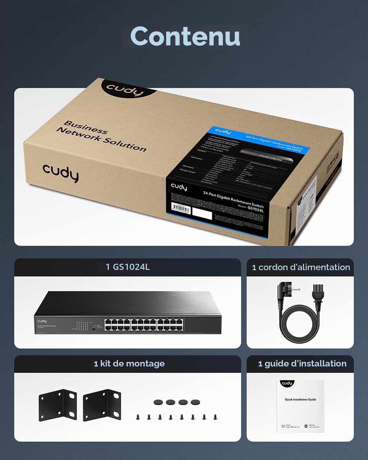 Cudy Commutateur 24 Ports Gigabit Non gérable, Professionnel, GS1024L | 24 ports GbE, débit à vitesse filaire, isolation des ports/mode 250 m, boîtier en SPCC, 440 × 180 × 44 mm, silencieux