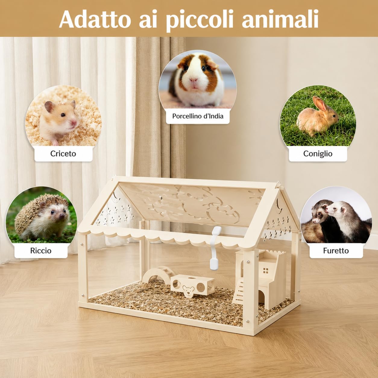 Gabbia per Criceti in Legno e Acrilico 60 × 30 × 40 cm, Habitat Trasparente per Criceti Nani e Piccoli Roditori con Coperchio Apribile, Gabbia Ventilata per Topi e Piccoli Animali Domestici