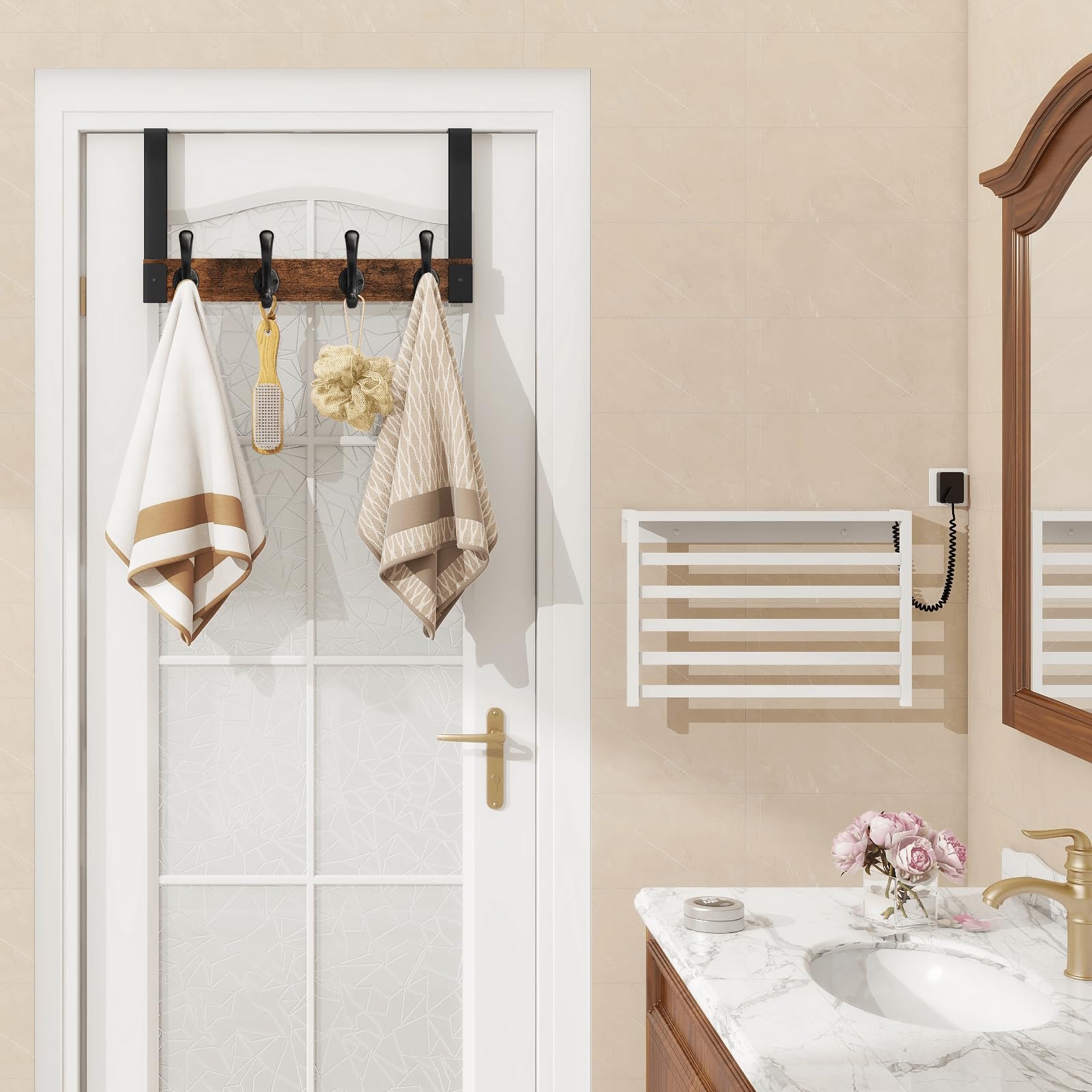 Homode Ganchos resistentes para colgar sobre la puerta, gancho de madera para colgar toallas, ropa, sombreros, bolsos, parte trasera de la puerta del baño, marrón rústico y negro