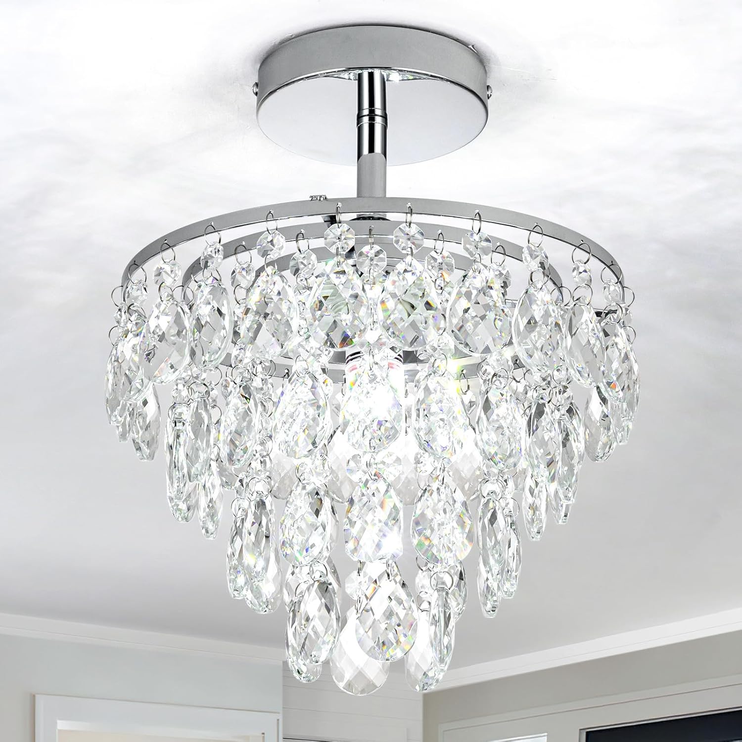 Mini Crystal Chandelier Modern Crysal Flush Mount Ceiling Light for Bedroom Closet Hallway with E26 Base Small Pendant Light (Black-Ceiling)
