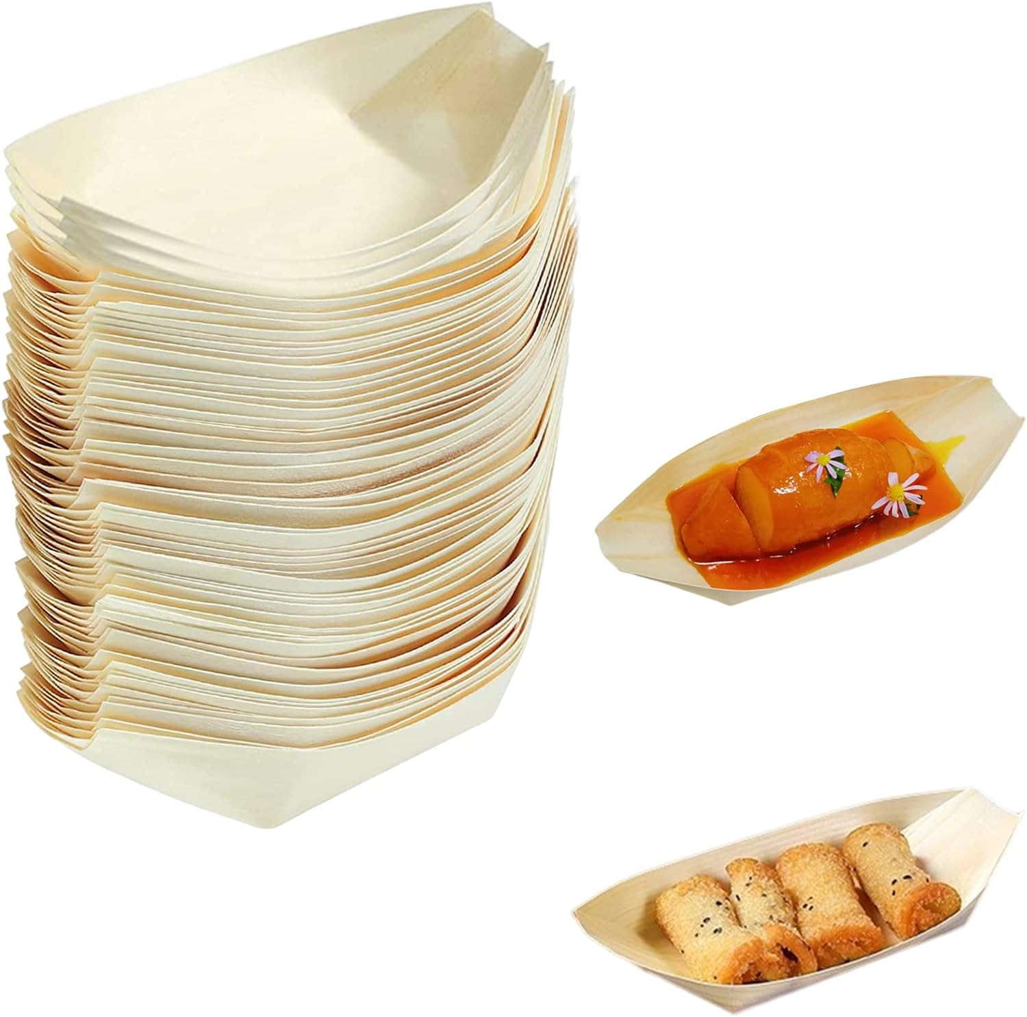 50 pcs Bamboo Boats for Food,Wooden Boat Plate Eco Friendly Disposable Paper Boats Food Sushi Serving Tray for BBQ, Camping, Garden and Birthday Parties(17 x 8.5cm)