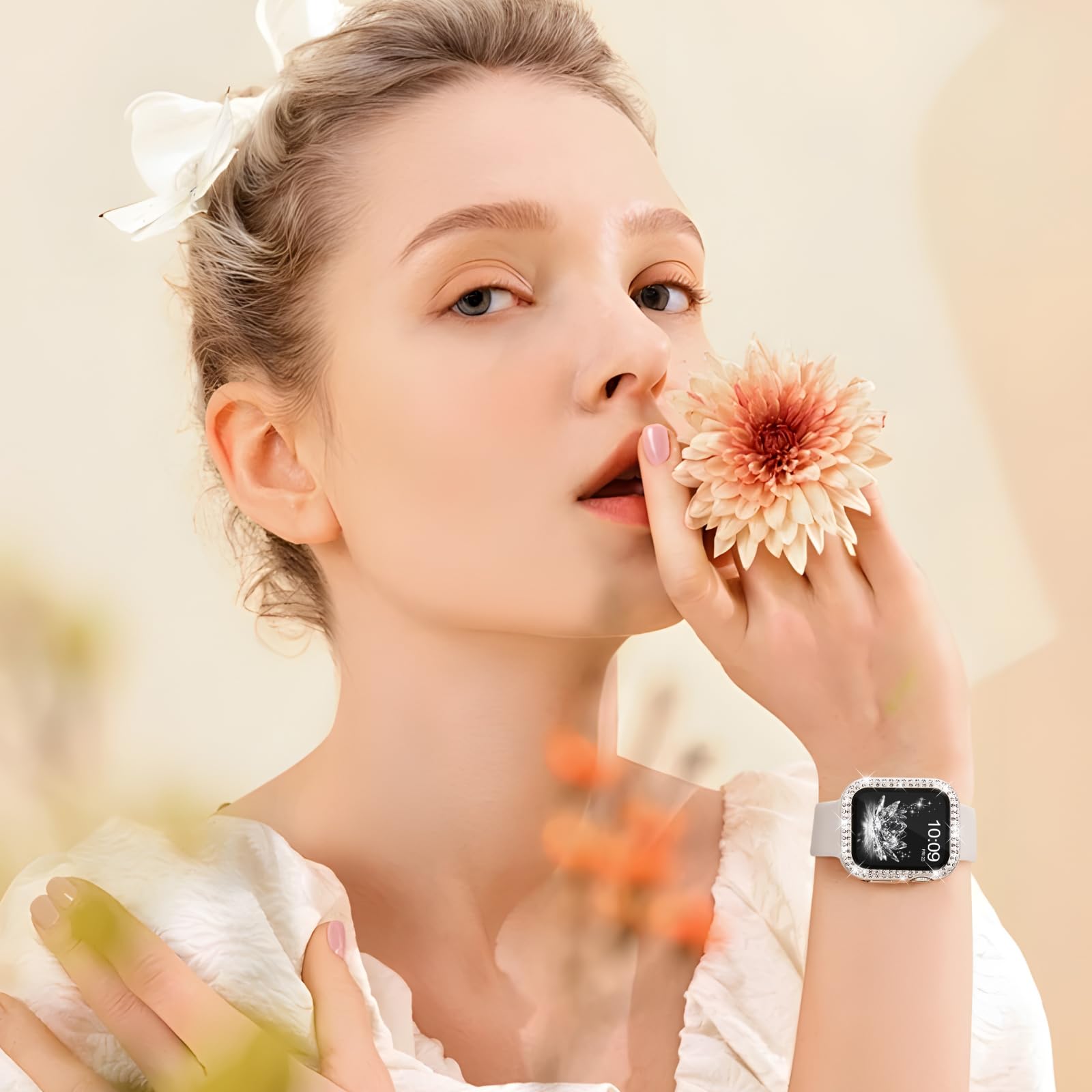 Compatible con correas de Apple Watch de 40 mm, 41 mm, 44 mm, 45 mm, 42 mm, 46 mm, con protector de pantalla para mujer, correa de silicona con diamantes brillantes, cubierta protectora de vidrio
