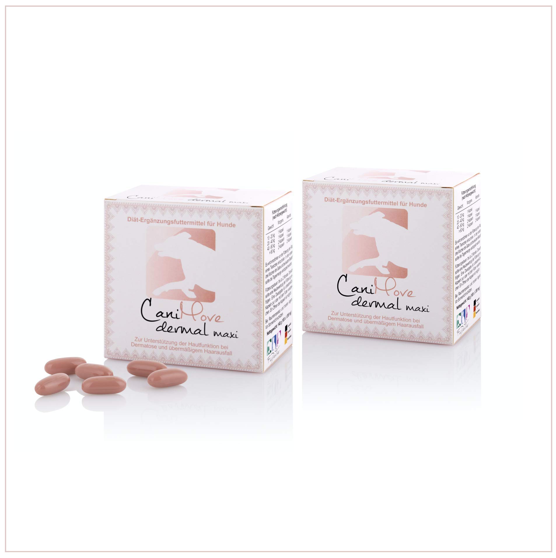 Doppelpack CaniMove Dermal Maxi (200 Kapseln), auch bei Hauterkrankungen (Dermatitis, Dermatose, Kortison-Gaben), mit PUFA, Lycopin, Biotin und Zink.
