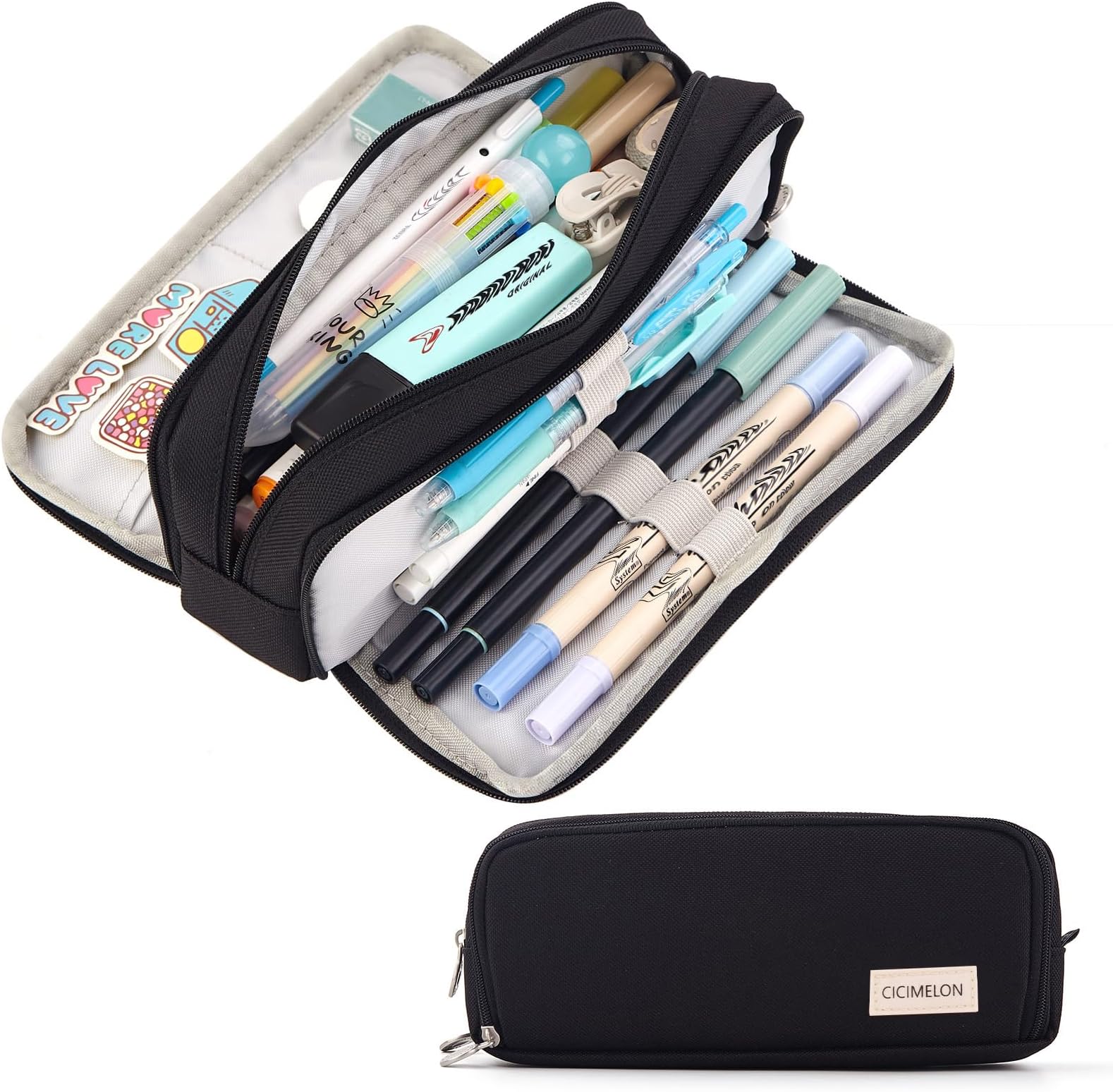 Large Capacity Pencil Case 3 Compartment Pouch Pen Bag for School Teen Girl Boy Men Women (Black)