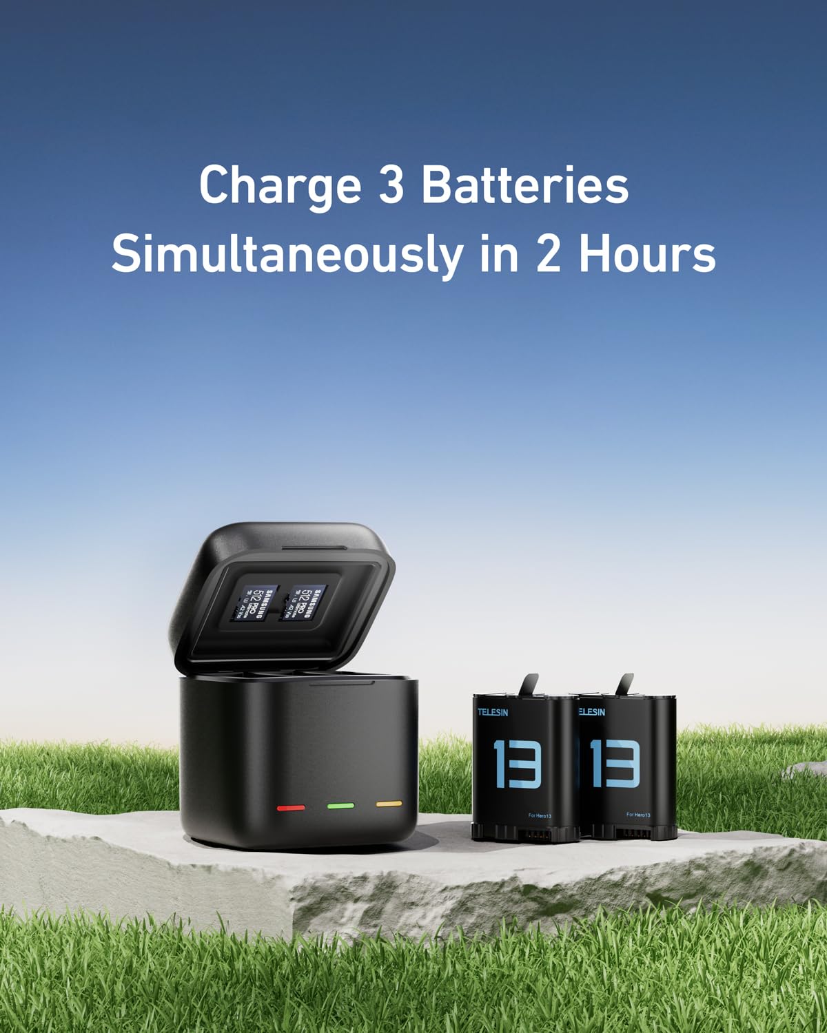 TELESIN Kit Chargeur de Batterie pour GoPro Hero 13 Black – Lot de 2 Batteries et boîtier de Charge Triple avec câble Type-C, Charge Rapide, Haute capacité pour Batteries d'origine Go Pro 13