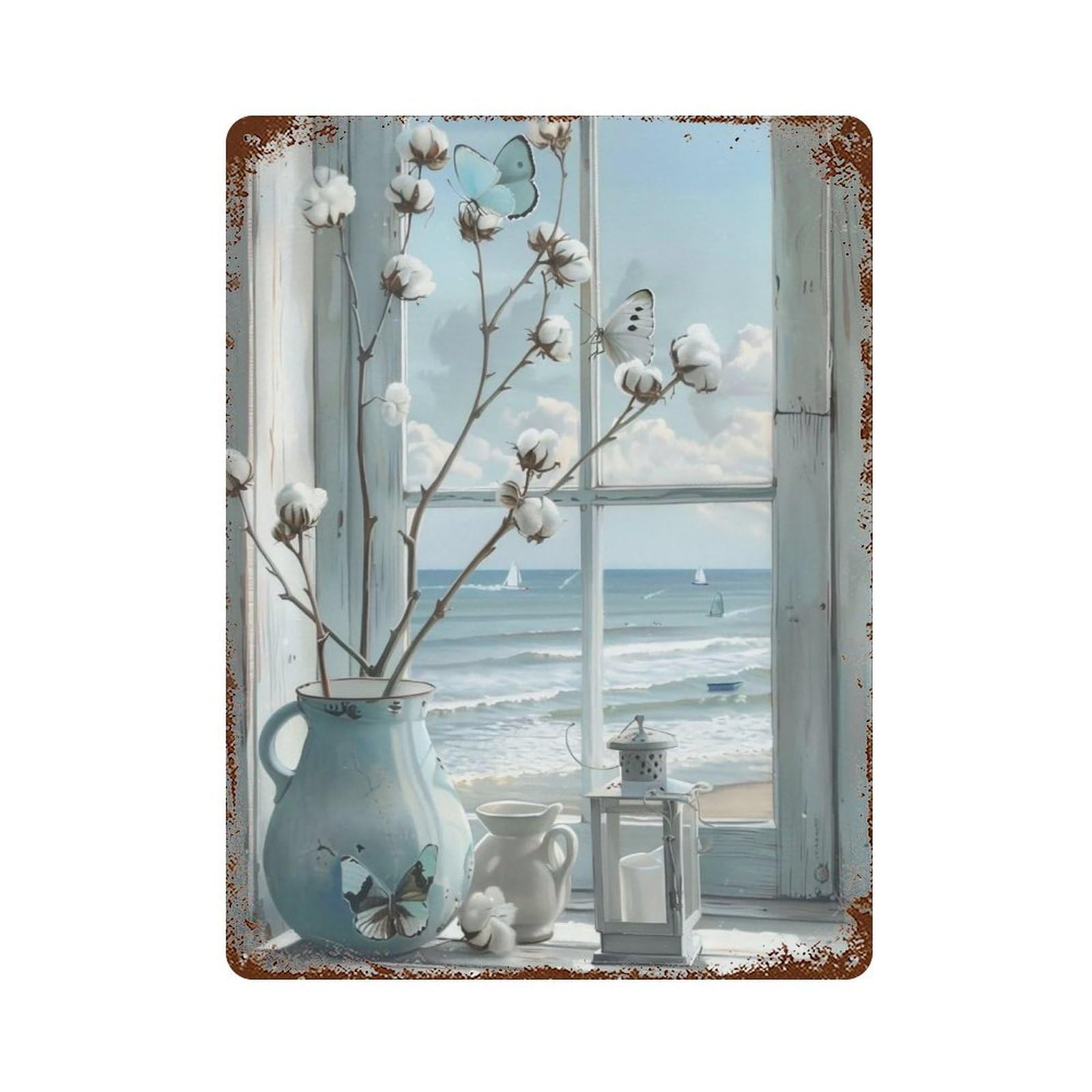 HDURYEYRYY Pale Blue Coastal Cotton Window Still Life 04 Wall Retro Iron Vintage Art Metal Tin Sign Poster Modern Home Cofffee Club Art Bar Shop Decor 40x30cm