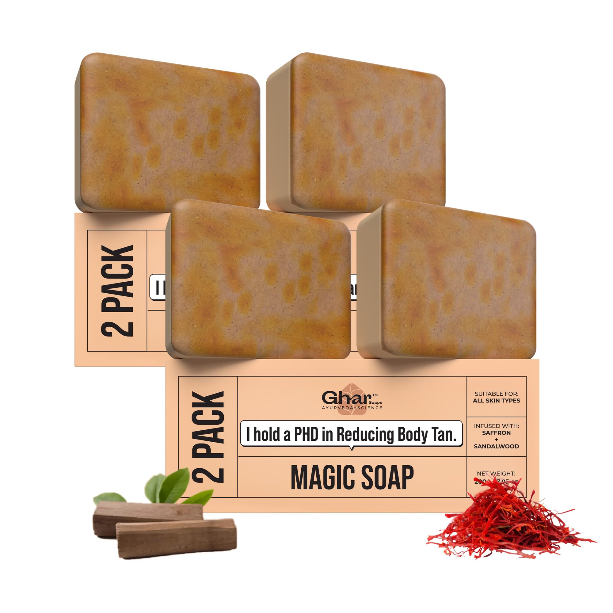 Ghar Soaps Sandalwood & Saffron Magic Soaps For Bath (100 Gms Pack Of 4) | Paraben Free | Chandan & Kesar Bath Soap | Handmade Soaps For Glowing | Skin Brightening Soap For Men & Women