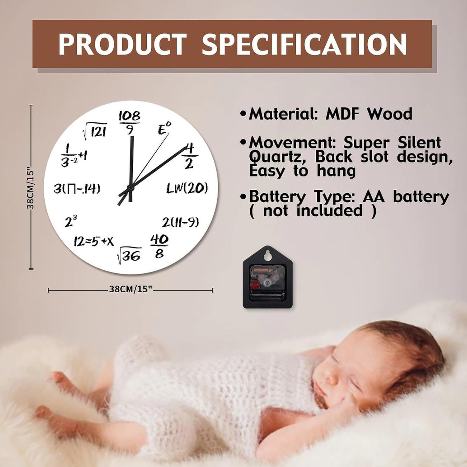godblessignMath Equations and Notations 15 Inch Wooden Wall Clocks Battery Operated Silent Math Time Clock Modern Wall Hanging Art Farmhouse Home Decor for Bedroom Living Room Kitchen School Office
