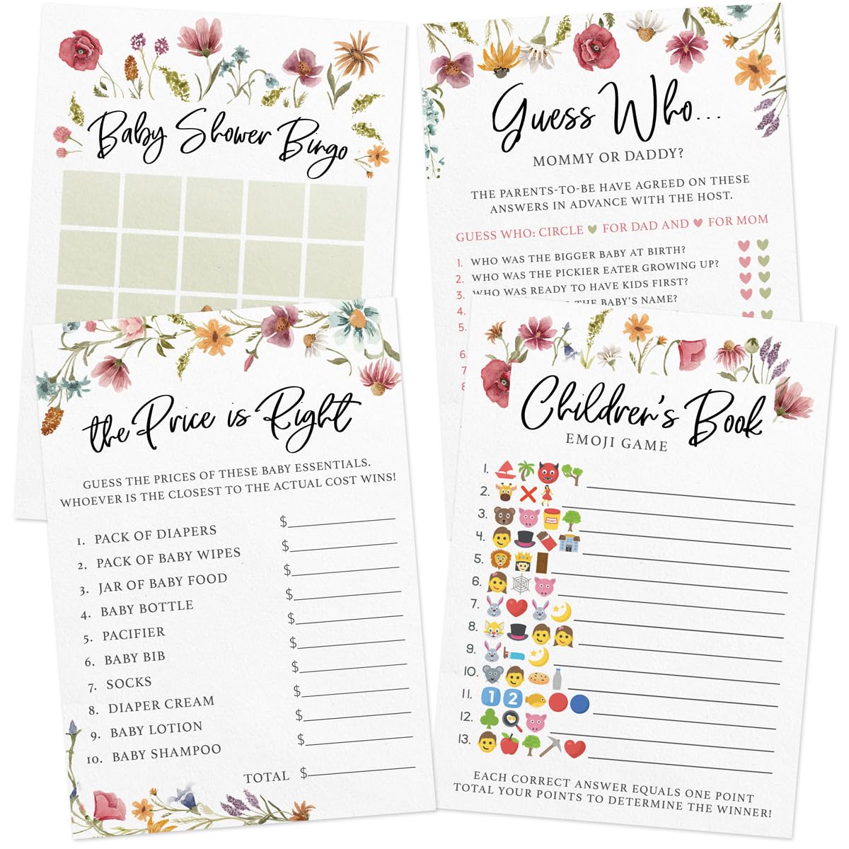 Printed Party Baby Shower Game Set, Baby in Bloom Wildflower, 4 Games and Activities (30 Guests)
