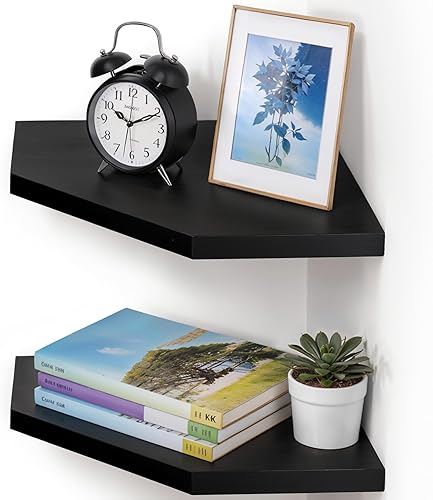 Demigo Estante esquinero para montaje en pared, juego de 2 estantes flotantes de madera de acacia maciza de 11.8 x 16.5 pulgadas, suaves y
