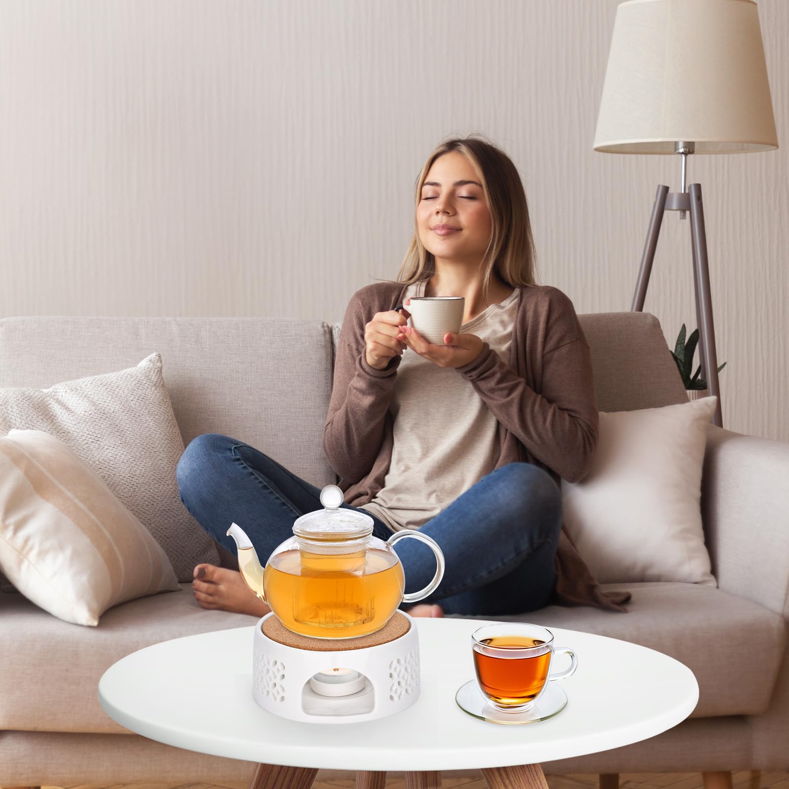 Calentador de Té de Cerámica con Portavelas, Diseño Hueco Tallado, Base para Mantener Caliente Té, Café y Leche