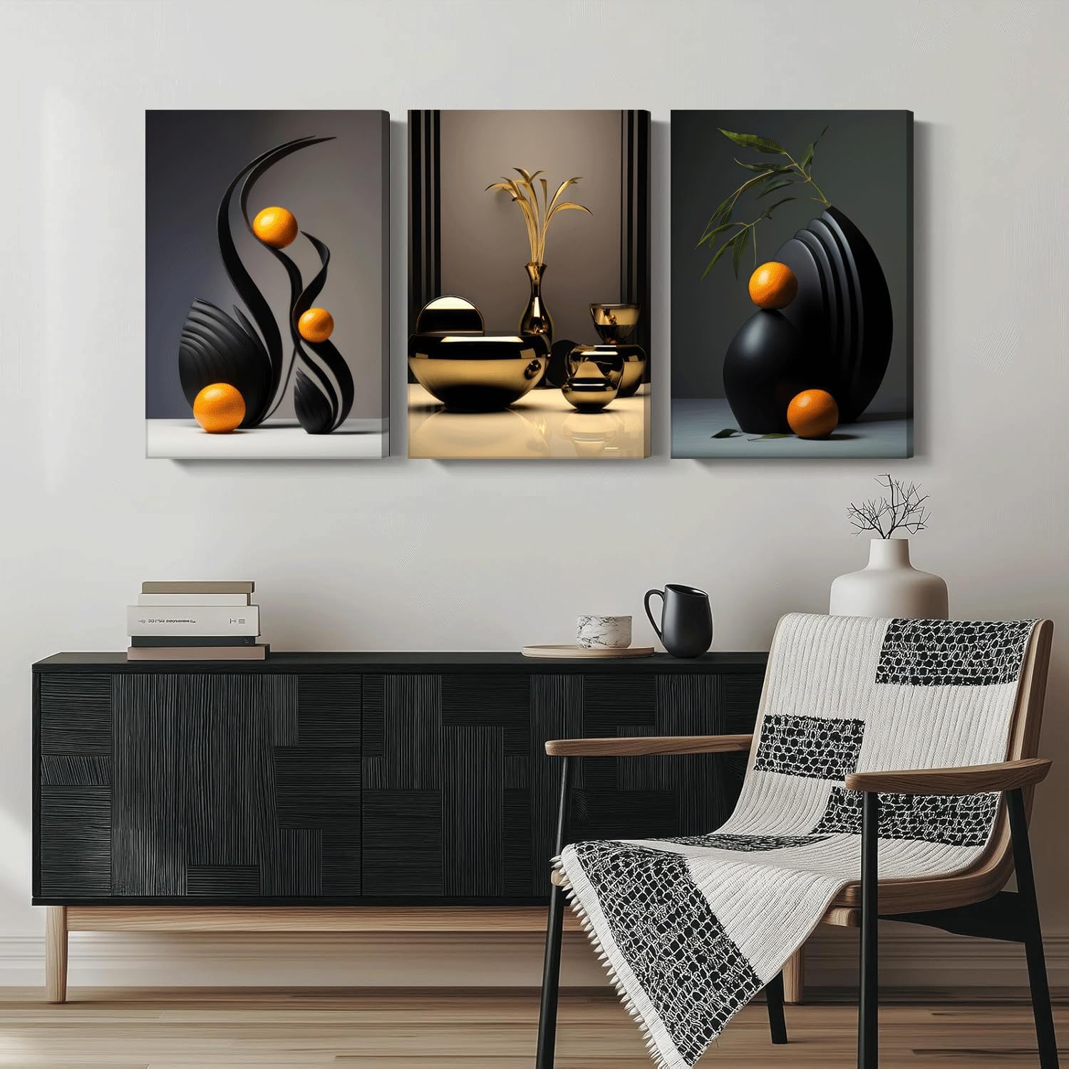 Framed Black Abstract Canvas Wall Art Three-Dimensional Sculpture Ceramic Wall Deco Pictures Modern Still Lifes orange Black Shape Posters Prints for Living Room Bedroom Bathroom Home Decoration