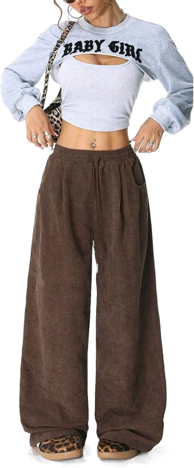 Unilexi Womens Wide-Leg Corduroy Pants with Drawstring Elastic Waist Casual Palazzo Pants Loose Fit - Image 3