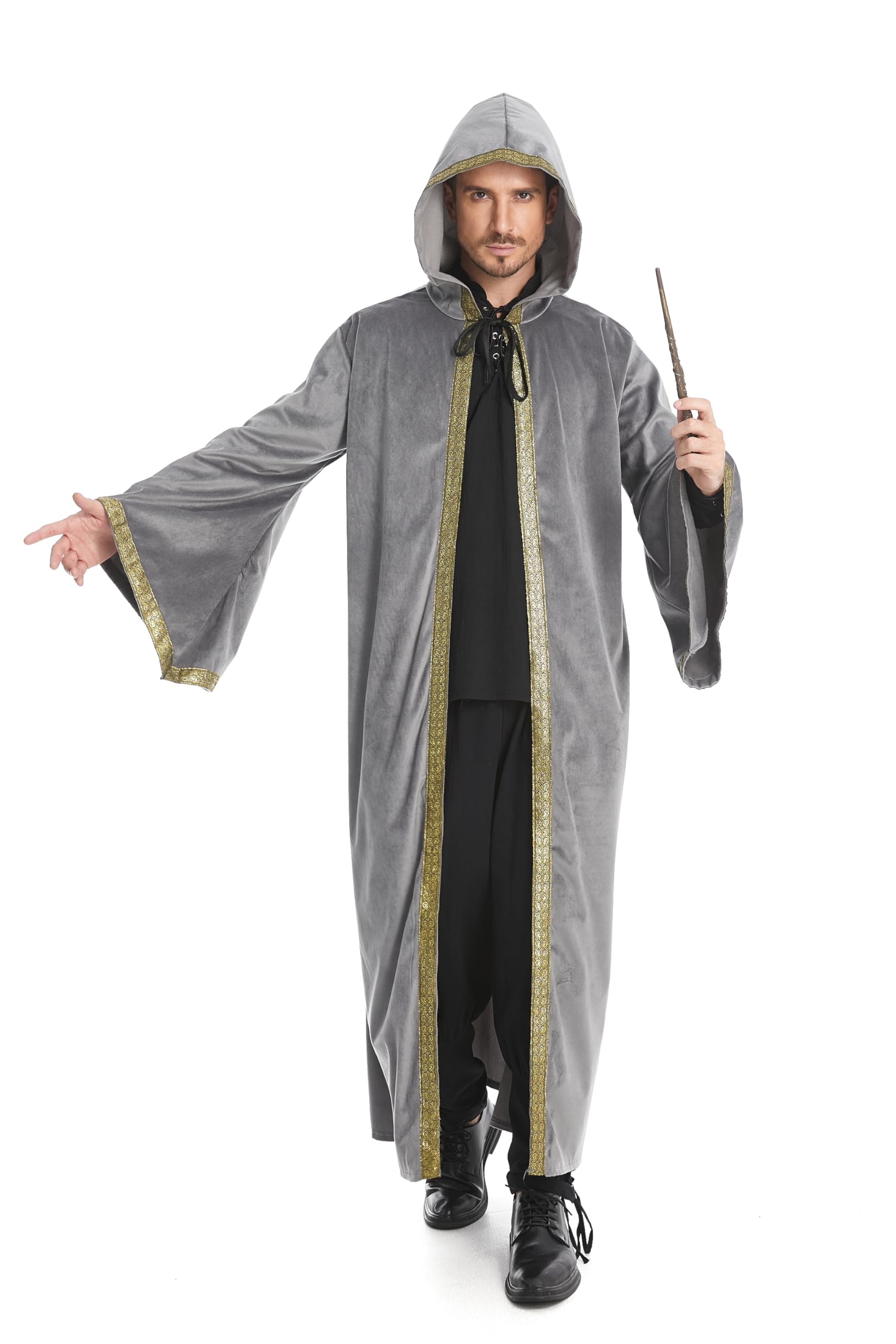 DELIVESS Unisex Velvet Wizard Robe Wizard Cloak Cosplay Renaissance Costume Halloween (59.06",Light Gray) - Image 4
