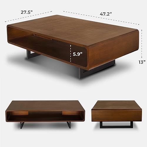 Miniatura 3 de SWEVEN Mesa de centro con almacenamiento muebles de sala de estar cuadrados modernos con estante grande con compartimento central, acabado de madera