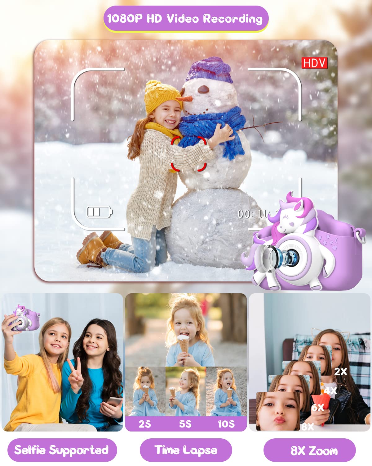 Gofunly Macchina Fotografica Bambina 2.0 Pollici Schermo Mini Ricaricabile Fotocamera Digitale, 1080P HD Videocamera per Ragazze 3-12 Anni, Scheda 32GB