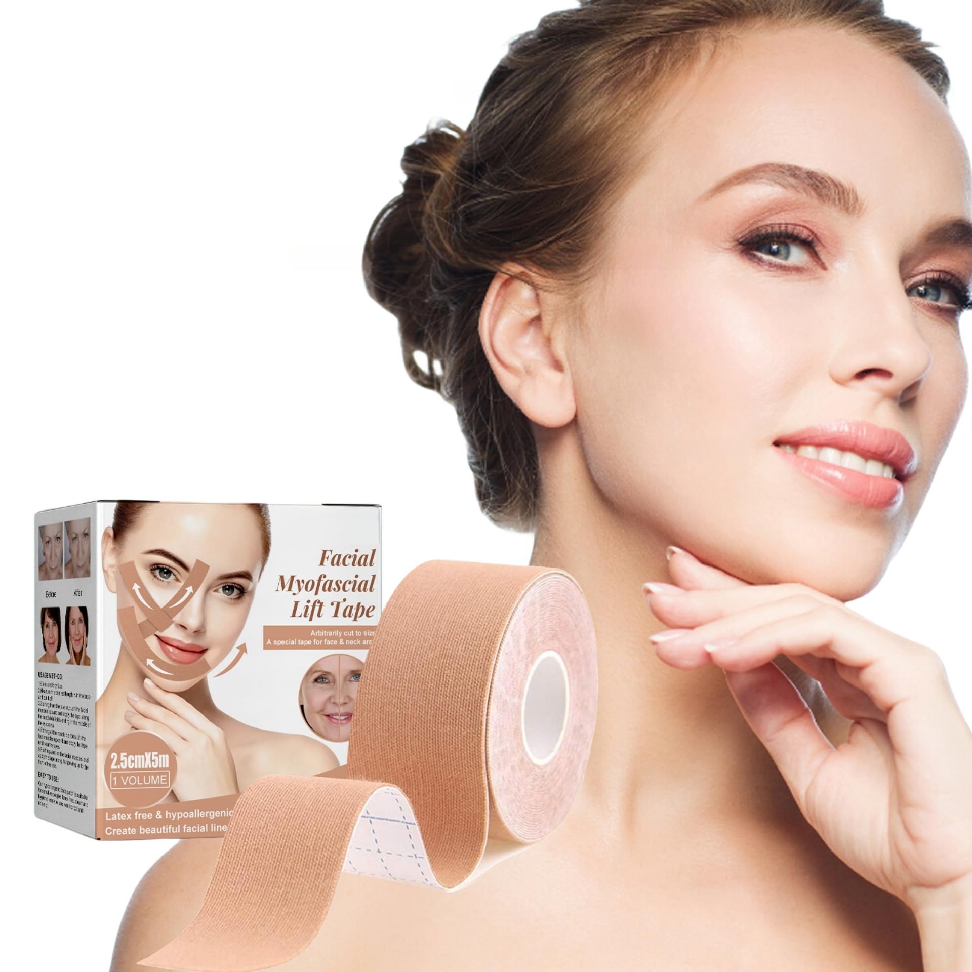 Facial Firming Band, Facial Tightening and Lifting Anti-Sagging Face Firming Chin V-Shape Face Breathable Face Lifting Sticker, Contours Jawline, Natural Elasticity Skin 2.5cmx5m