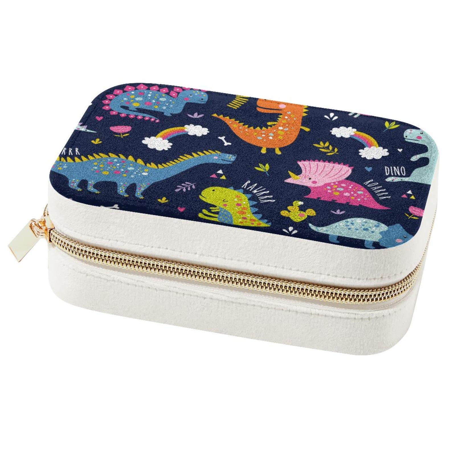 Boîte à bijoux de voyage violette avec motif dinosaure arc-en-ciel