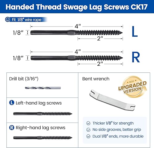 Miniatura 9 de Muzata Paquete de 120 tornillos de retraso de 18 pulgadas para barandilla de cable izquierda y derecha, rosca manual para poste de madera T316,