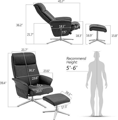 Miniatura 3 de MCombo reclinable giratorio con otomana, sillón moderno con base de aluminio resistente, silla de salón de piel sintética para sala de estar,