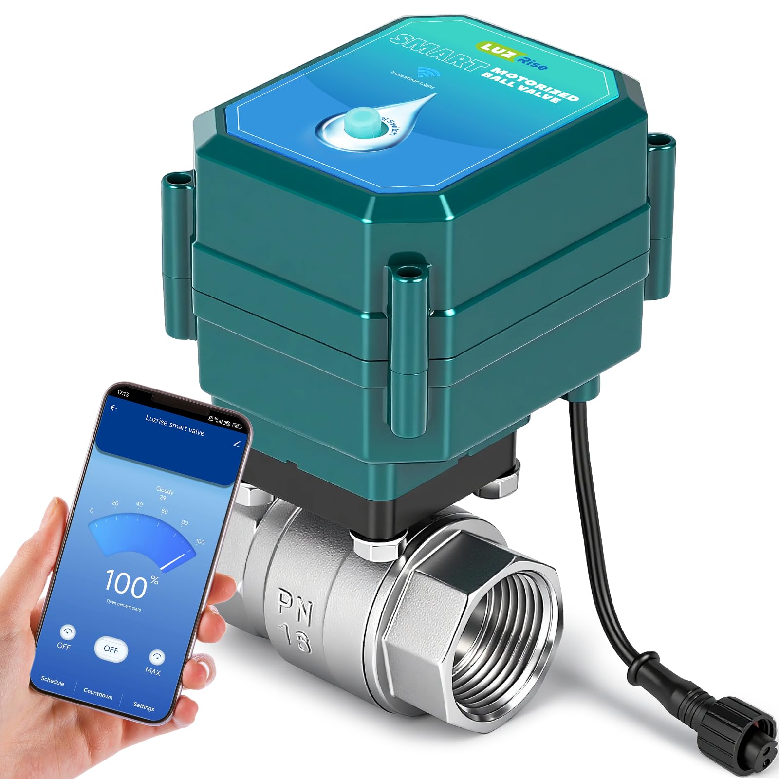 Válvula de bola motorizada inteligente con control remoto, apagado automático del agua, flujo ajustable del 0 al 100%, temporizador programable, monitoreo en tiempo real (acero inoxidable