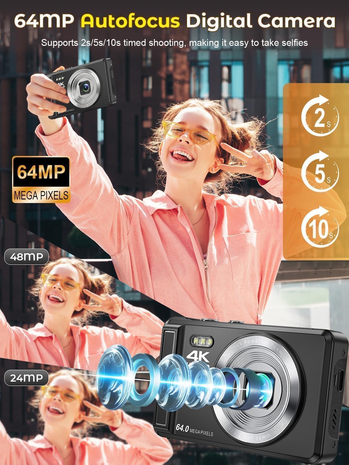 Fotocamera digitale 4K 64 MP, 2,8 pollici, UHD con messa a fuoco automatica | Scheda Micro SD e batteria, zoom digitale 16X, ricaricabile, fotocamere compatte portatili, per principianti e adolescenti