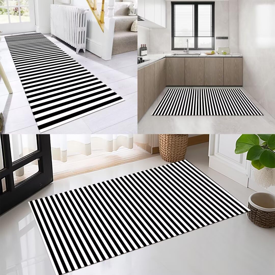 Läufer Flur Küche Waschbar rutschfest 100x200cm Modern Gestreift Schwarz Weiß Lang Küchenteppich Flurteppich Teppich Fur Korridor Wohnzimmer Schlafzimmer Meterware Anpassbar