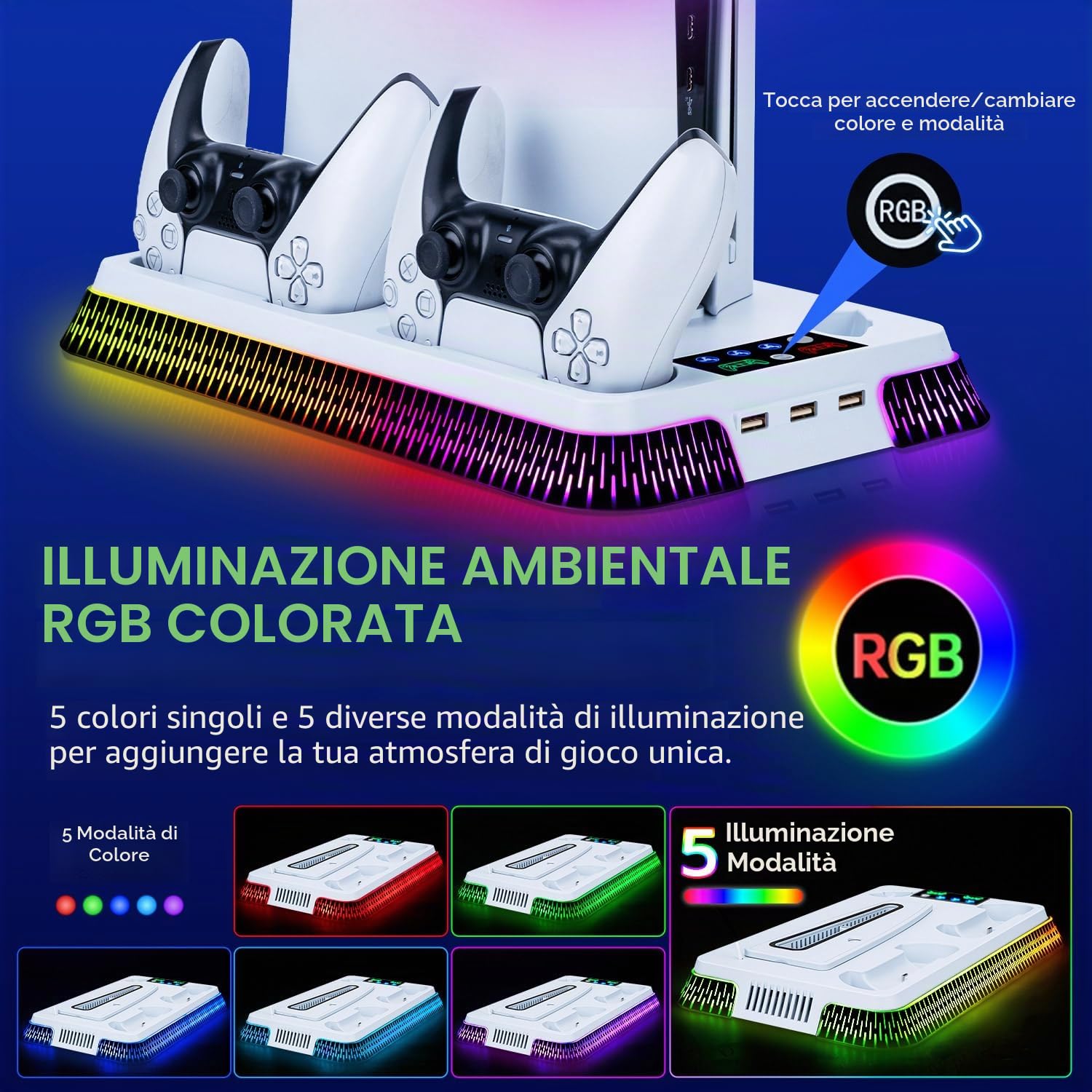 Supporto Verticale con Raffreddamento per PS5/PS5 Pro/PS5 Slim,Base di Ricarica Joystick PS5 per Doppio Caricatore Controller con 3 USB/Ventola a 3 Livelli/luce RGB per accessori PS5 Console