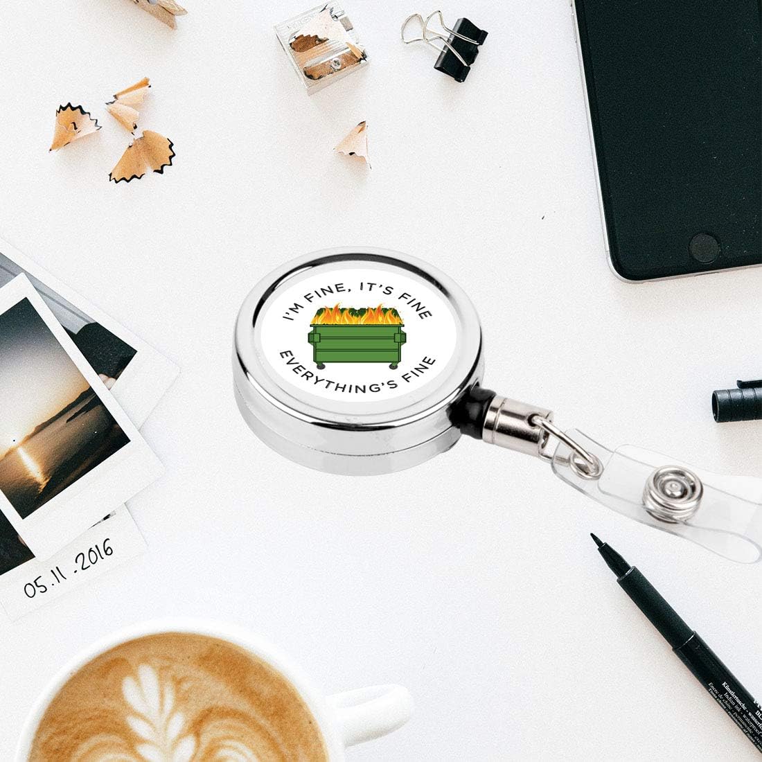Andaz Press Retractable Badge Reel Holder with Clip, Heavy Duty Metal Name Tag Retractable ID Key Belt Clip I'm Fine, It's Fine, Everything's Fine Dumpster Fire, Funny Sarcastic Humor