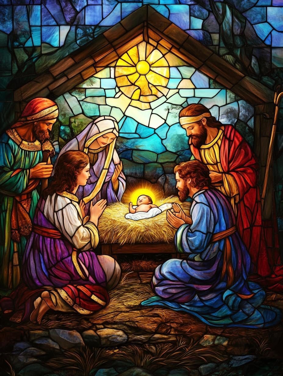 DIY Jesus Nativity Stained Glass 11CT Pre-Printed Cross Stitch Kit for Adults & Beginners, Easy Needlepoint Pattern for DIY Home Décor & Crafts 647
