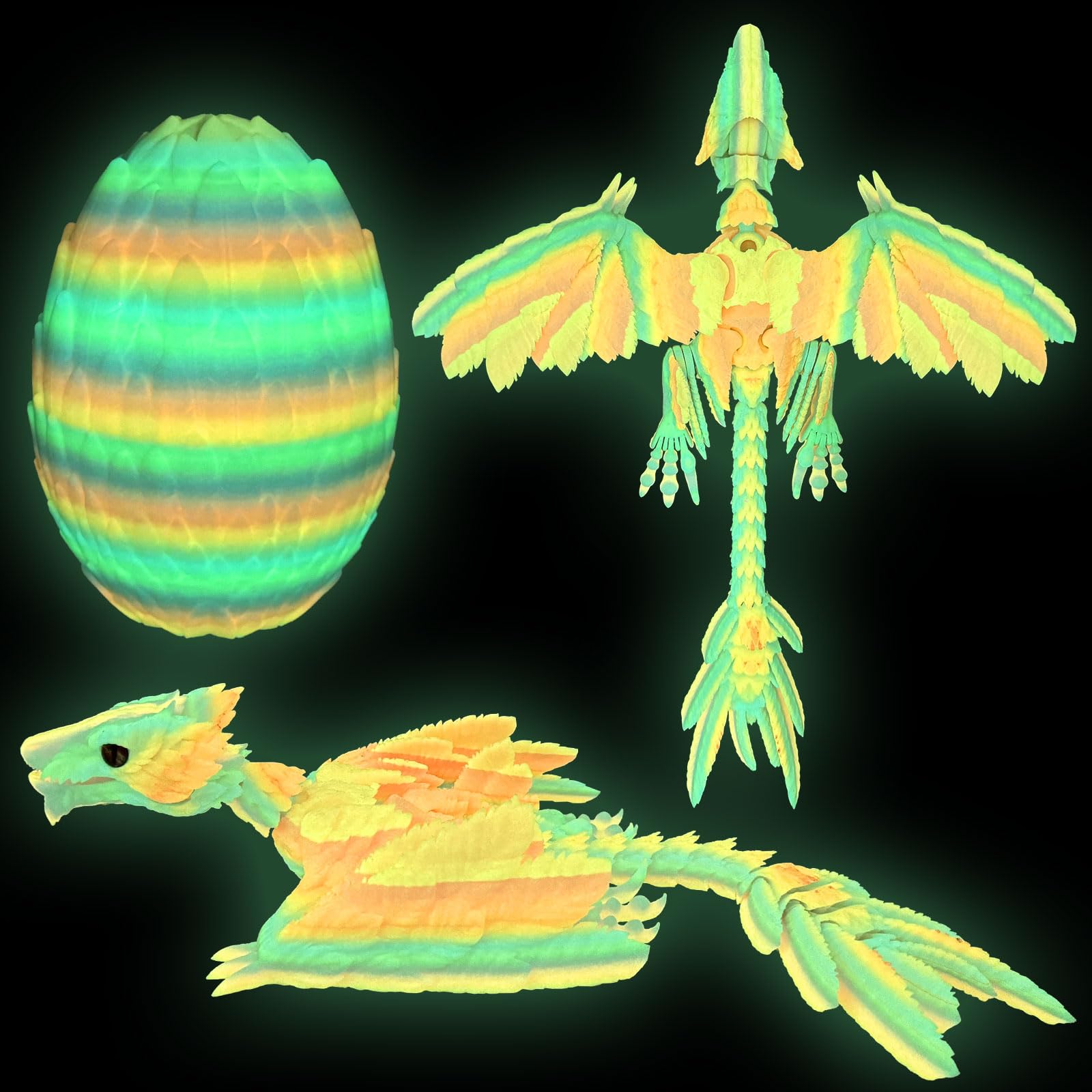 Extra Large 3D Printed Dragon in Egg, Flexible Articulated Crystal Winged Dragons Figurine, Glow in the Dark Surprise Egg with Flying Bird Inside, Home Collectible, Desk Pet Decor(Luminous Rainbow)