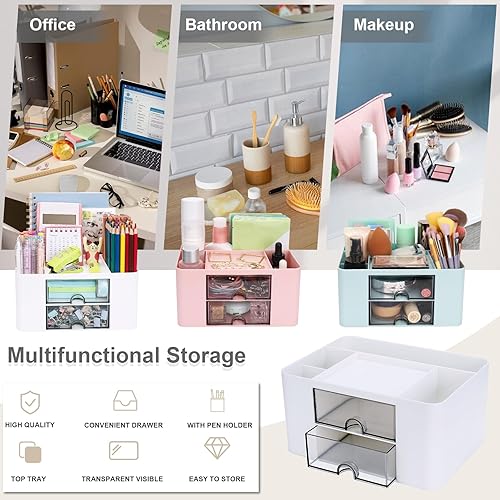 Miniatura 4 de Organizador de bolígrafos de plástico, organizador de escritorio multifuncional con 2 cajones, 4 compartimentos y una bandeja superior, soporte para