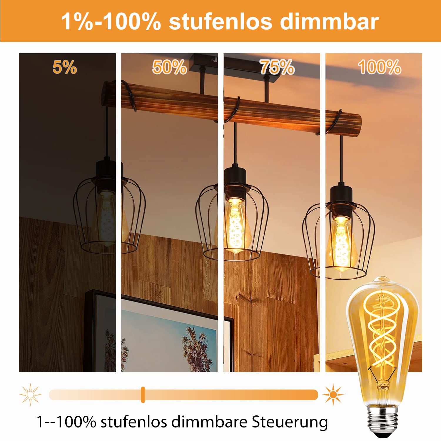Edison Vintage Glühbirne E27 4W Dimmbar LED ST64 - Bernstein, 6 Stück