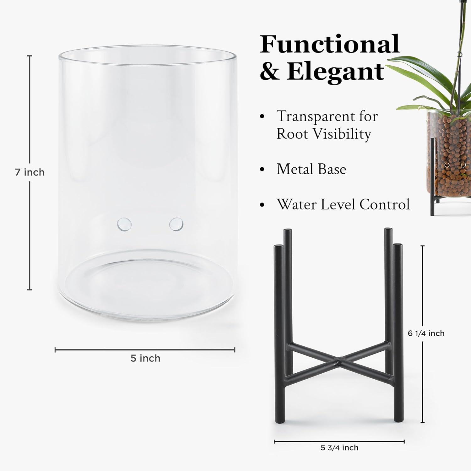 Pot & Pebble - C8 Glass Planter with Decorative Metal Base - Plant Propagation Station with Water Level Control - Plant Cutting Holder for LECA Clay Pebbles/Similar Media - Semi Hydroponic Planter