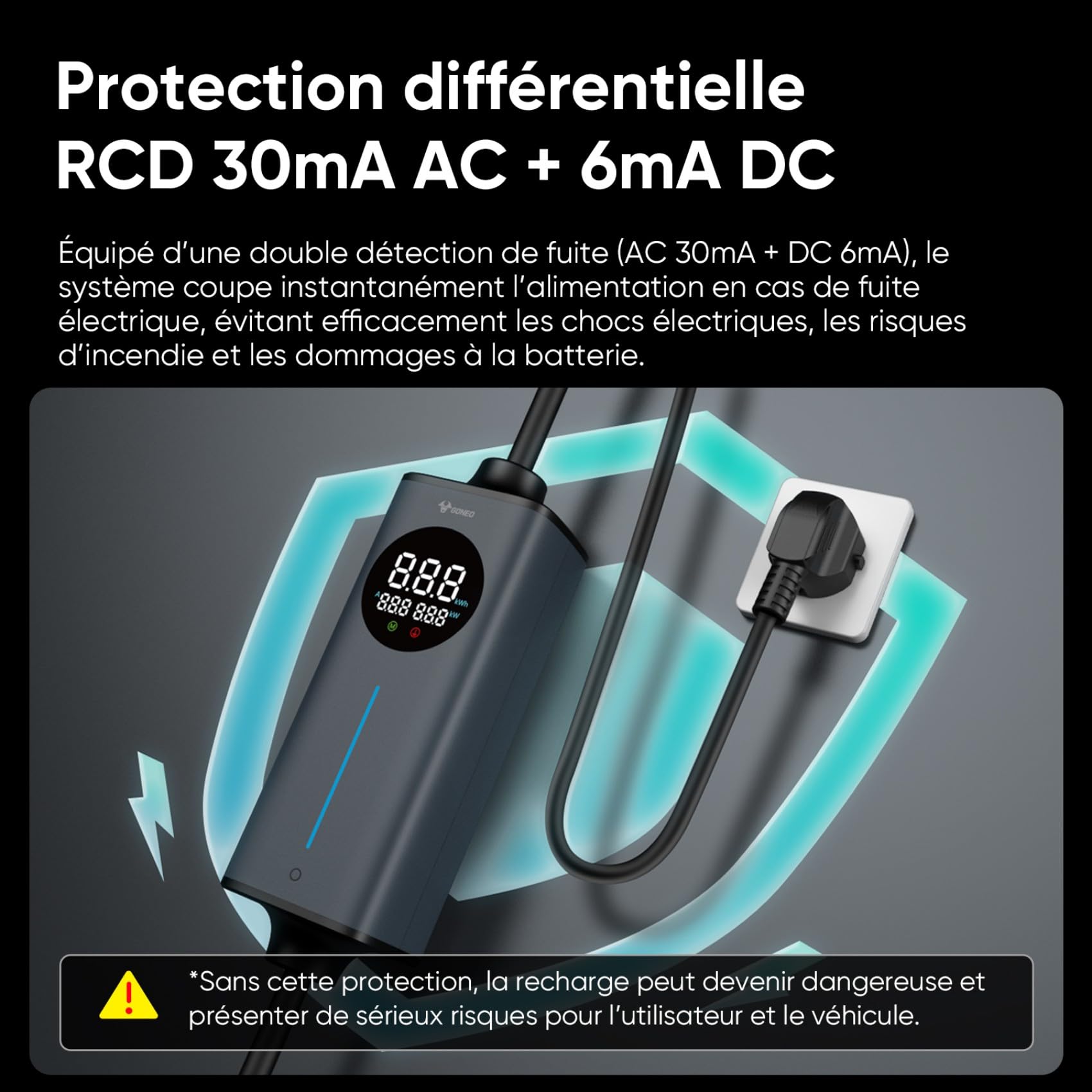 GONEO 8M Cable Recharge Voiture Electrique Type 2 monophasé,Schuko 3,68kW EV Chargeur Portable,Détection de Fuite AC 30mA+DC 6mA & Surveillance Température,Réglage 6A/8A/10A/13A/16A,Minuteur 0-8H