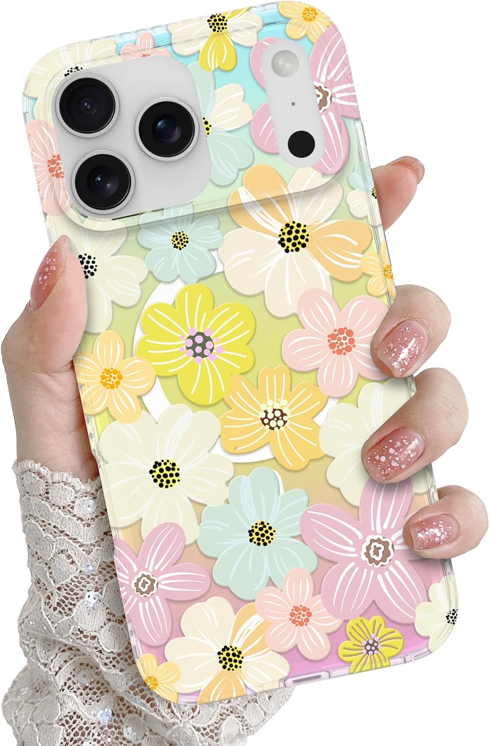 Iridescent Case for iPhone 17 Pro Max [Compatible with MagSafe] Cute Aesthetic Glitter Floral Flowers Pattern Design for Women Man Soft TPU and PC Back Protective Slim Phone Case