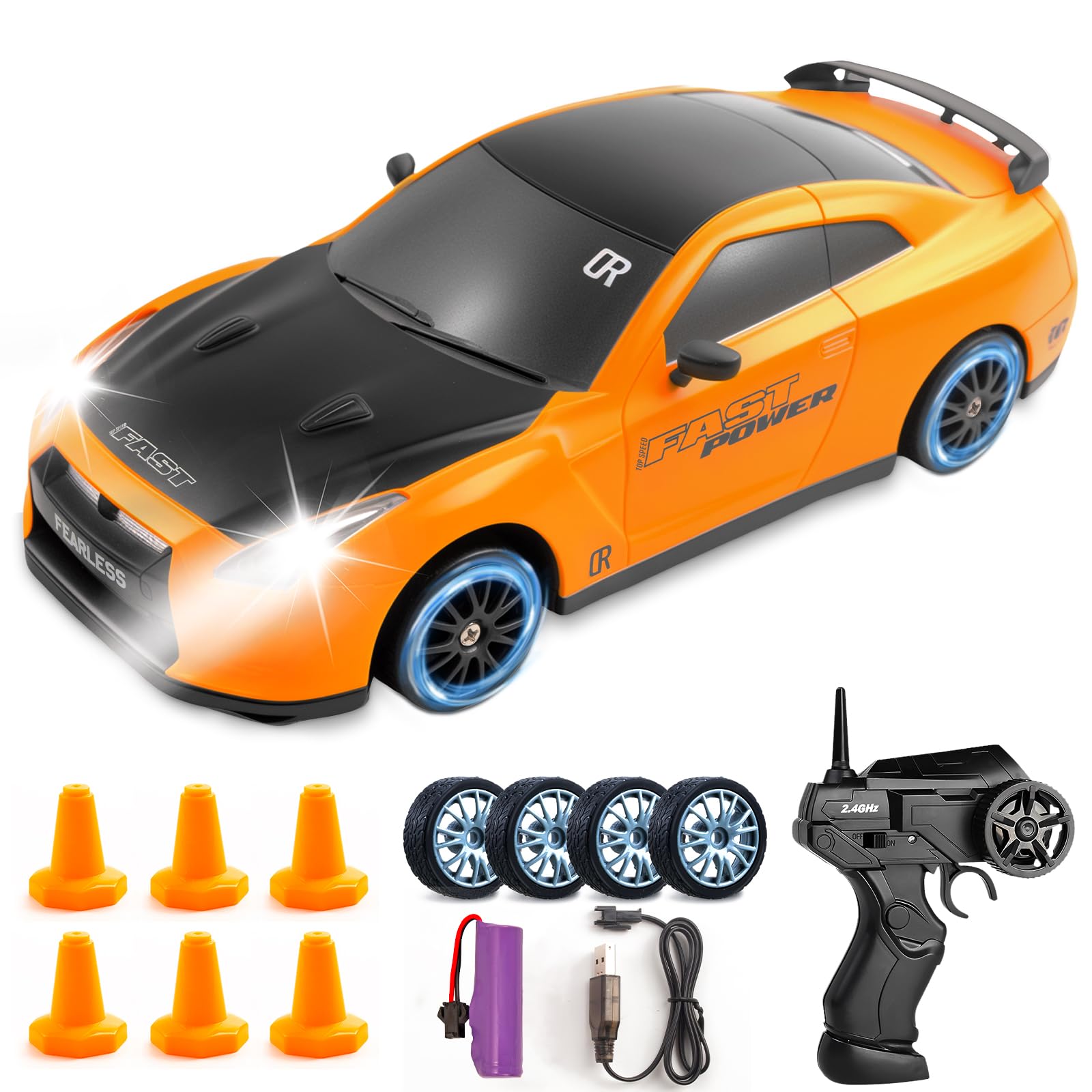 Coche RC Drift, TGKYK 1:24 Drift RC Car con Iluminación, 30 km/h, 2.4 GHz, 4WD Coche de Drift Teledirigido, Coche Teledirigido Drift para Niños y Adultos a Partir de 6 Años