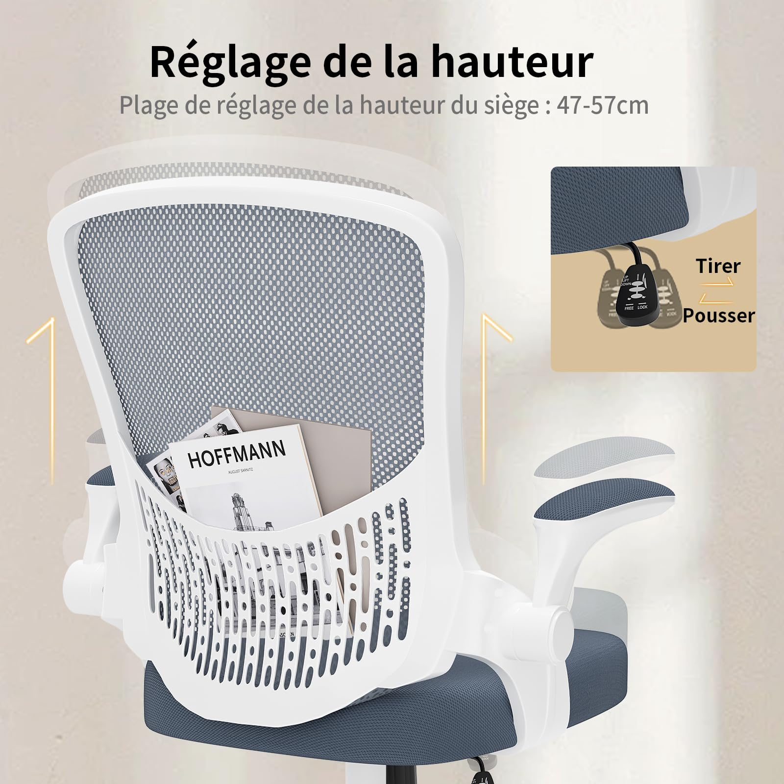 naspaluro Chaise de Bureau, Chaise de Bureau Ergonomique avec Accoudoirs Rabattables À 90°, Soutien Lombaire Unique, Maille Respirante, Siège Pivotant À 360° avec Fonction Swing, Gris Foncé