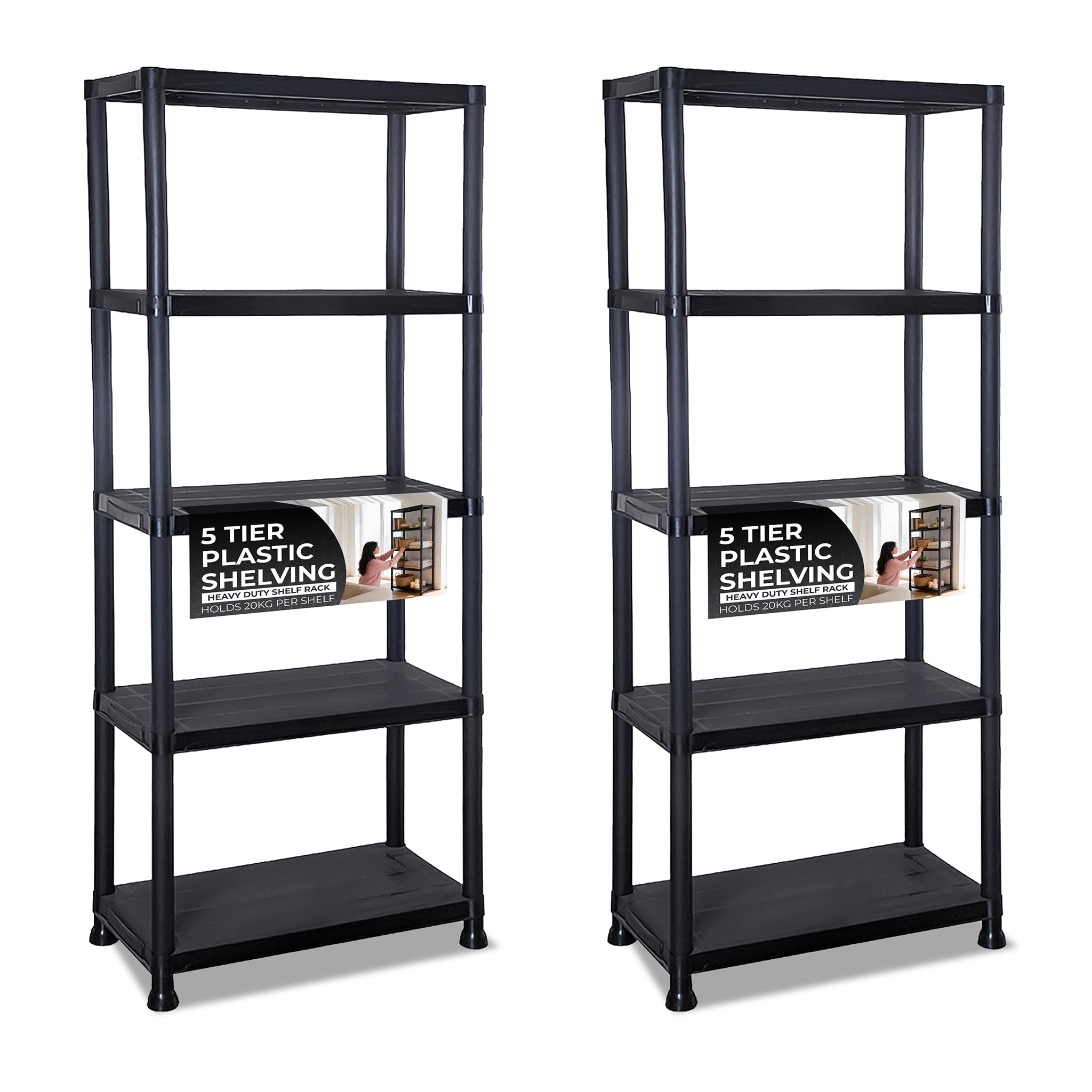 Crystals 2 X 5 Tier Plastic Shelving Unit | Durable Black Storage Shelves | Heavy Duty Plastic Racking Shelving | Multipurpose Shelve for Garage, Workshop, Sheds, Warehouse, and Office