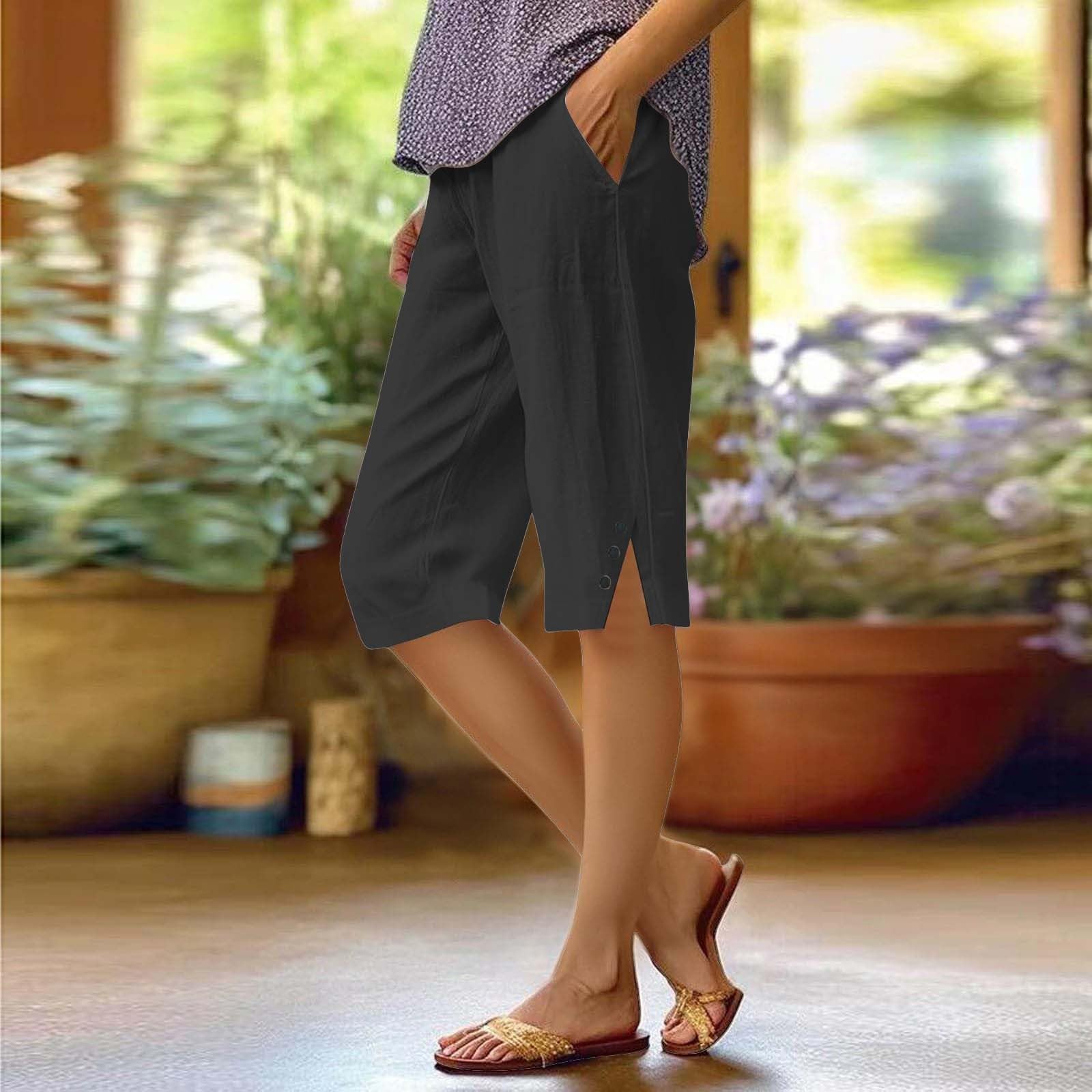 Women's Summer Linen Shorts, Lightweight Cotton High Waisted Elastic Bermuda Knee Curvy Shorts Elegant Loose Beach Shorts with Drawstring and Pockets for Sea Sport - 2