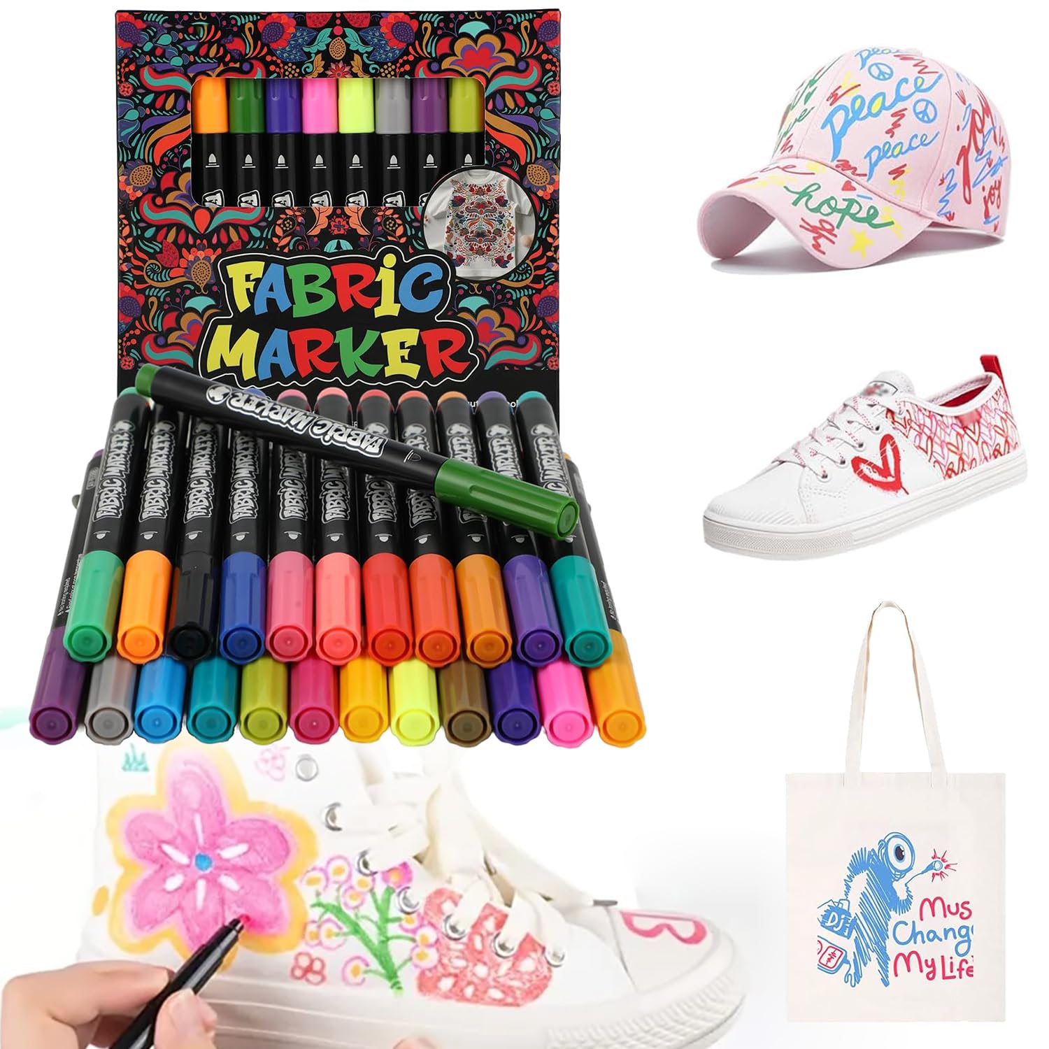 Rotuladores Textiles,24 Colores Rotulador Textil Permanente,Pintura Textil Permanente y Lavable,Lápices Textiles,Rotuladores para Tela,para Camisetas,Bolsas,Tote Bag y Otros Tejidos