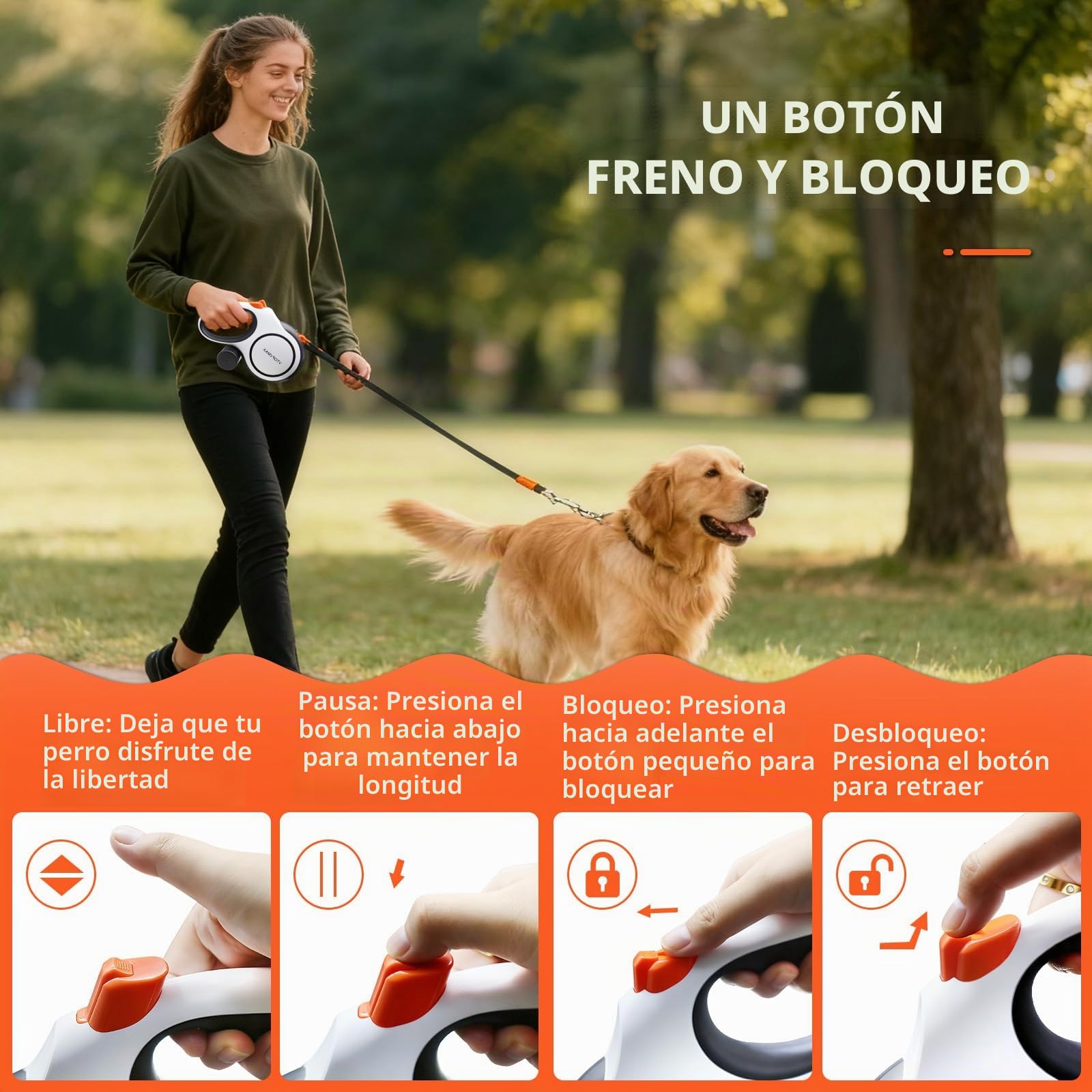 Correa Perro Extensible 8m - Correa Resistente para Perros Medianos/Grandes hasta 50kg, con Cable Anti-Mordidas, Dispensador De Bolsas para Heces Y Freno De Una Mano (Negro/Blanco)