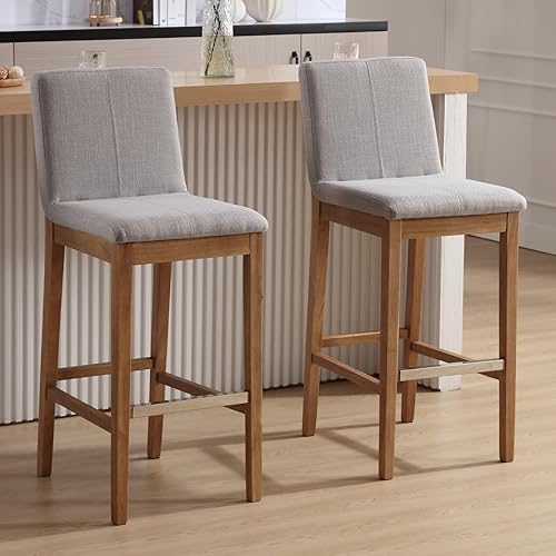 Juego de 2 taburetes de bar para isla de cocina, 30 pulgadas, de madera maciza de mediados de siglo, con respaldo, tela de lino tapizada, color gris