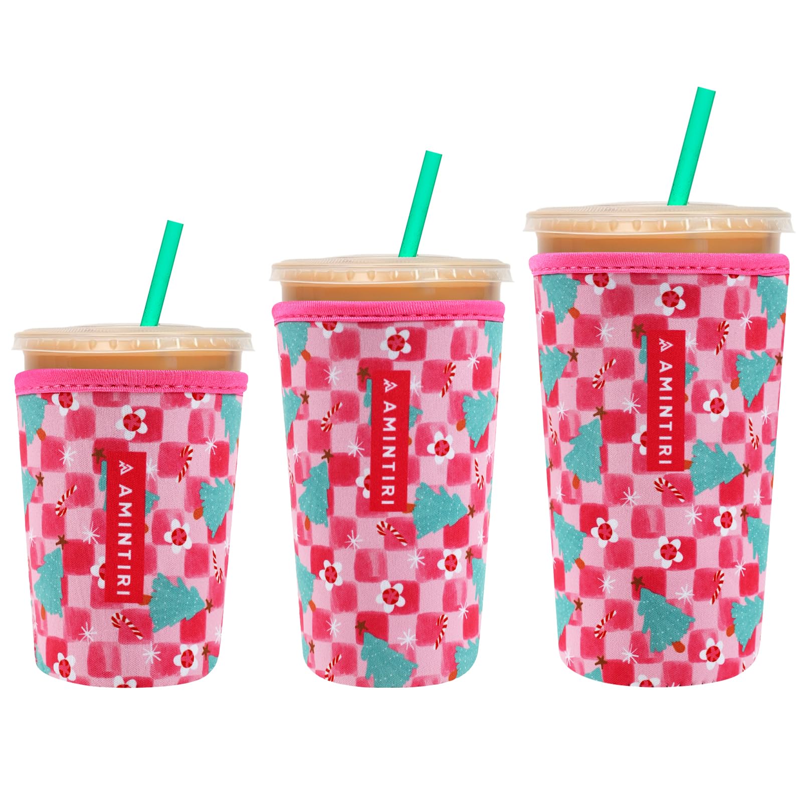 3 Pack Reusable Sleeve for Iced Coffee Cup, Coffee Neoprene Sleeve for Iced&amp;Hot Drinks, Coffee Sleeve Compatible with Starbucks, Dunkin Coffee Cup. (Checkerboard&amp;Tree)
