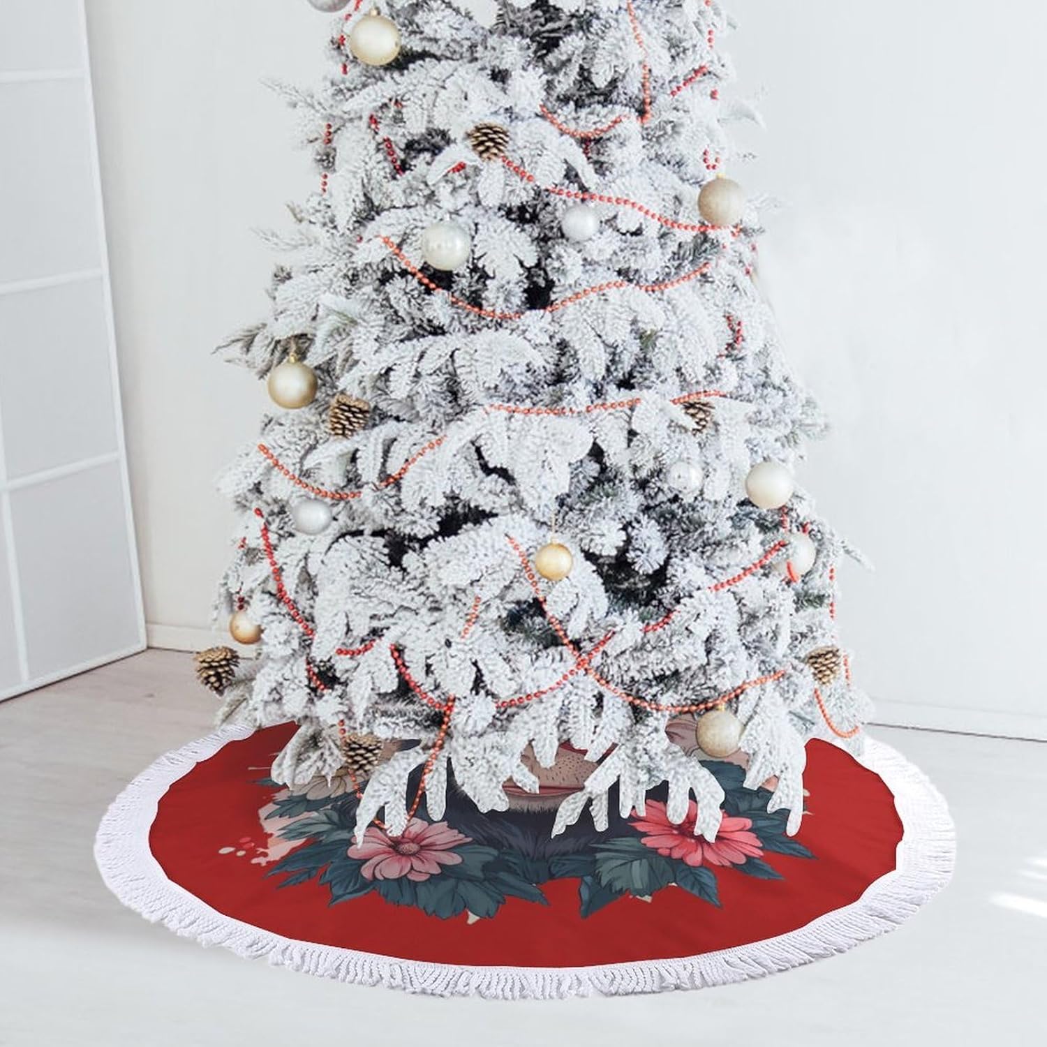 Funny Monkey Christmas Tree Skirt Round Xmas Tree Mat Ornaments Tree Skirts with Tassels for Holiday Party