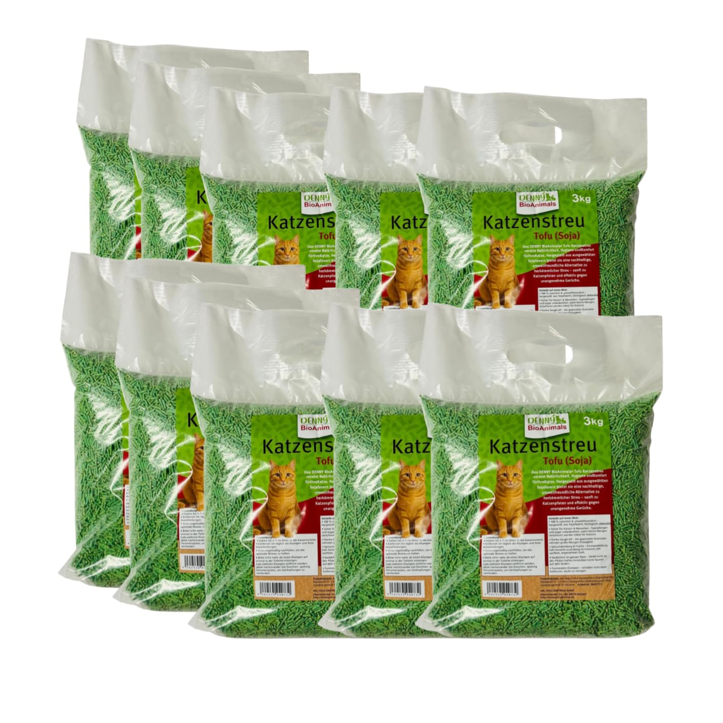Tofu Katzenstreu 30 kg/80L (10 Säcke je 3 kg) – Schnell klumpend & staubfrei – 100% pflanzlich, biologisch abbaubar – Leichtes Klumpstreu mit Geruchskontrolle, im WC entsorgbar.